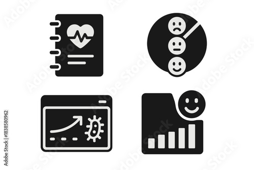 Health Tracking Icons. Solid style icons of FMT results tracking: symptom journal, mood tracker icon, recovery timeline. Health