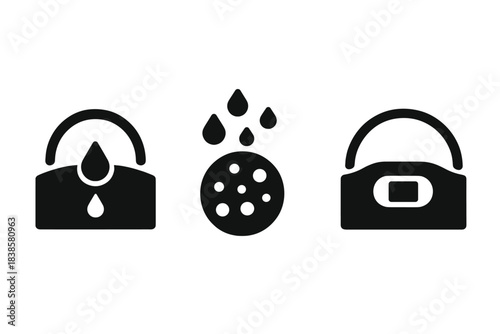 Plasma Coagulation Icons. Solid style icons of plasma blood coagulation: bleeding wound with arc, clot formation symbol,