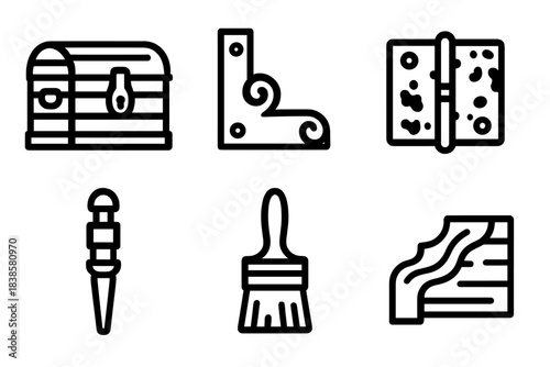 Antique Restoration Icons. Line style icons of Antique Restoration: vintage chest, corner bracket, rusted hinge, hinge pin, stain