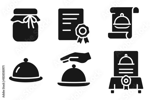 Ceremonial Food Icons. Solid style icons of ceremonial food sealing: ribbon-wrapped jar, wax-stamped recipe, scroll with dish.