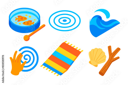 Sound Therapy Icons. Isometric vector illustration set Sound therapy – ocean drum, fish inside, paddle stick; water ripple lines,