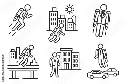 Jetpack Commuter Icon. Line style icons of jetpack commuting: person flying with jetpack, morning commute with skyline, business