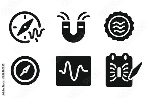 Magnetic Field Icons. Solid style icons of magnetic field readings: compass disruption glyph, magnet lines icon, distortion badge.