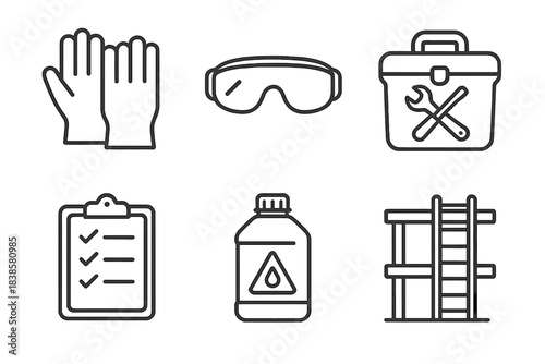 Maintenance Safety Icons. Line style icons of maintenance and safety: grower gloves, safety goggles, tool kit, maintenance