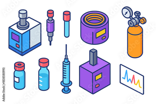 Science Lab Equipment Icons. Isometric vector illustration set Science lab equipment – gas chromatography, injector port, column