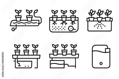 Hydroponic System Icons. Line style icons of hydroponic systems: nutrient film technique (NFT), deep water culture (DWC),