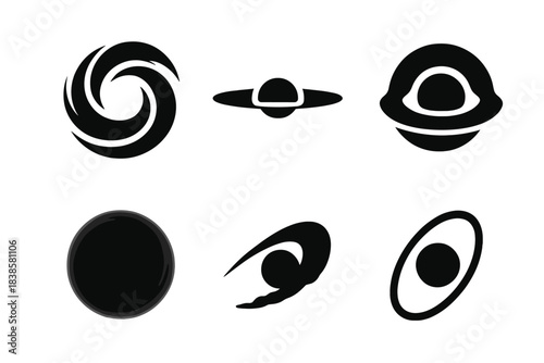 Accretion Disk Icons. Solid style icons of accretion disk photography: bright disk swirl, edge-on disk icon, plasma ring emission.