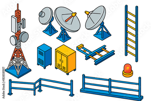 Colorful Skyscraper Silhouettes. Isometric vector illustration set Skyscraper silhouettes – telecommunications mast, satellite