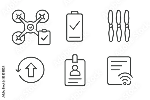 Drone Race Essentials. Line style icons of race day checklist: drone assembly check, battery charged icon, spare prop set,