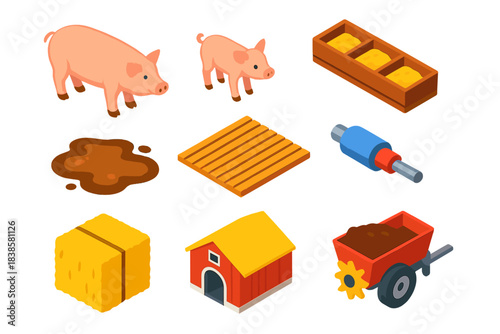 Isometric Farm Animal Icons. Isometric vector illustration set Farm animals – sow, piglet, feeding trough; mud puddle, slatted