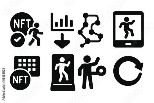 NFT Choreography Icons. Solid style icons of NFT-powered choreography tools: token motion editor, NFT gesture timeline,