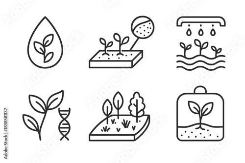 Desert Greening Icons. Line style icons of experimental desert greening: bioengineered seed icon, soil additive test field, trial
