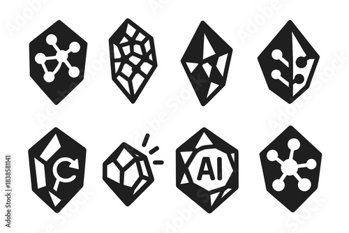 AI Evolution Icons. Solid style icons of AI evolution in crystal form: early neural gems, adaptive lattice, autonomous prism icons