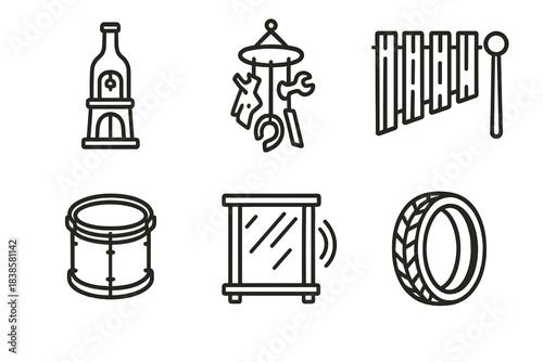 Recycled Material Icons. Line style icons of recycled material sculptures: bottle bell tower, metal scrap chime, reclaimed wood