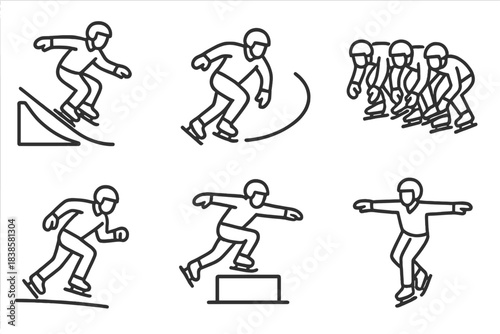 Ice Skating Icons. Line style icons of ice cross downhill: skater jumping over ramp, sharp turn on ice, group race start, downhill