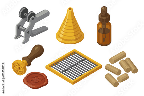 Beekeeping Tools Isometric. Isometric vector illustration set Beekeeping tools: frame wire tensioner, bee escape cone, propolis