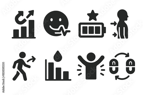 Magnet Therapy Icons. Solid style icons of magnet therapy outcomes: wellness rising chart, smiley face with pulse, energy level