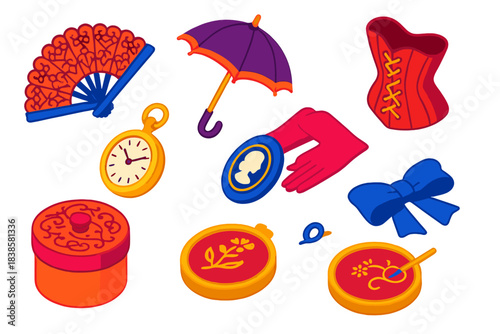 Classic Literature Icons. Isometric vector illustration set Classic literature – lace fan, parasol, corset bodice; pocket watch,