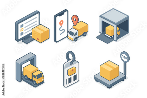 Isometric Logistics Illustration. Isometric vector illustration set of Logistics and Delivery: order management interface,