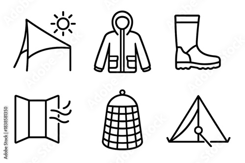 Weather Adaptation Icons. Line style icons of weather adaptation: sunshade tarp, rainproof jacket icon, snow boot silhouette,