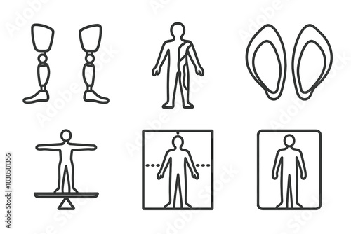 Symmetrical Prosthetic Icons. Line style icons of prosthetics and body symmetry: matching dual limb design, asymmetrical art