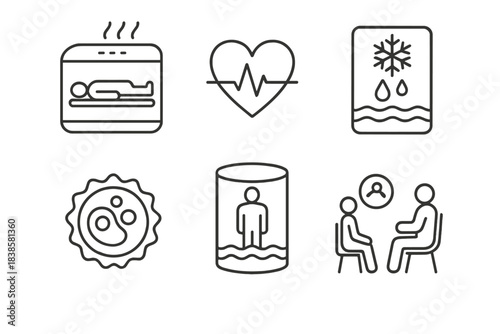 Cryo-Revival Line Icons. Line style icons of cryo-revival concepts: rewarming chamber, revival heartbeat symbol, tissue thawing