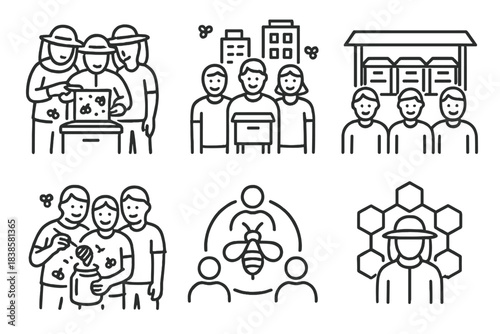 Community Beekeeping Icons. Line style icons of community beekeeping: group hive inspection, urban apiary open day, shared hive