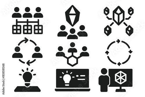 Crystal Computing Icons. Solid style icons of collaborative crystal computing: multi-user light grids, shared core prisms,