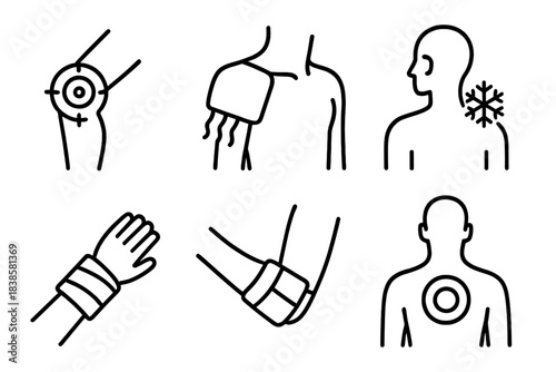 Cryotherapy Zone Icons. Line style icons of localized cryotherapy zones: knee target, shoulder therapy, neck freeze zone, wrist