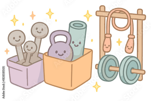 Smiling Workout Tools. Whimsical doodle of cute workout tools smiling as they rest in storage bins and wall racks surrounded by
