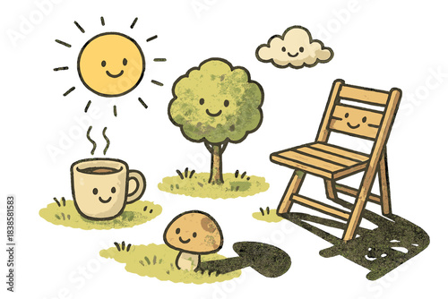 Whimsical Sunlit Shadows. Charming doodle art of a cozy outdoor scene where smiling objects cast funny shadows that shift as the
