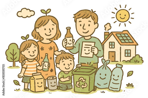 Eco-Friendly Family Doodle. Delightful doodle of an eco-friendly household where smiling family members and waste items work