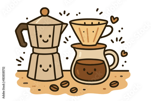 Cozy Coffee Doodle. Doodle-style vector illustration of cozy coffee brewing setup with smiling moka pot, dripper, and beans on