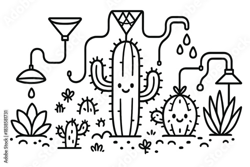 Cactus Dew Collectors. Doodle-style vector illustration of happy cactus and desert plants using creative dew collectors and pipes,