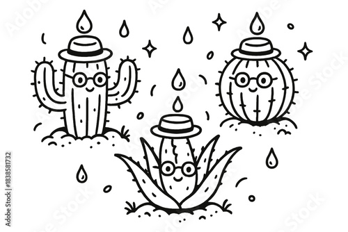 Clever Desert Plants. Doodle-style vector illustration of clever desert plants wearing tiny collector hats catching morning dew,