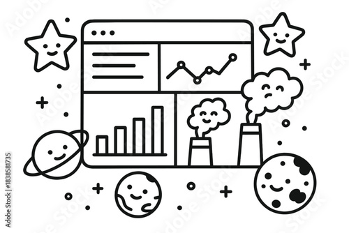 Cosmic Data Dashboard. Doodle-style vector illustration of data dashboard with smiling stars, planets, and pollution indicators