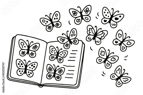 Butterfly Wing Patterns. Whimsical doodle vector of butterfly field guide pages with adorable wing pattern samples fluttering off