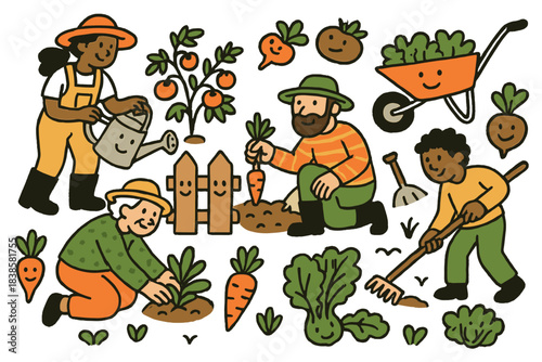 Community Garden Bliss. Adorable doodle vector of community gardeners working together among smiling fences, wheelbarrows, and