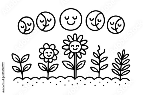 Cheerful Moon Phases. Doodle-style vector illustration of cheerful moon phases smiling above a garden with happy plants growing in