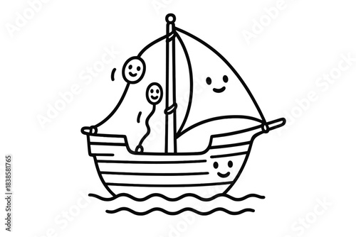 Animated Ship Cross-Section. Doodle-style vector illustration of ship cross-section showing cute animated lines—halyard, shroud,