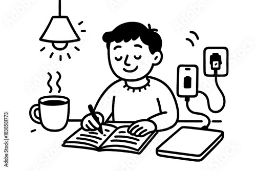 Journaling Evening Ritual. Doodle-style vector illustration of cozy evening ritual with happy person journaling while devices