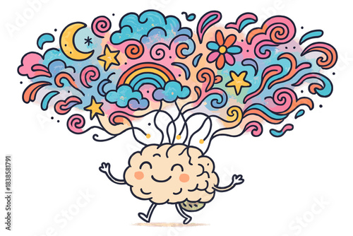 Cheerful Brain Doodles. Doodle-style vector illustration of cheerful brain character connected to glowing neural lace threads