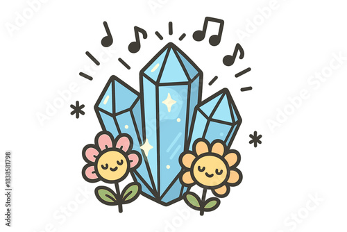 Musical Crystal Blossoms. Adorable doodle vector of crystal cluster glowing with musical notes that help flowers open happily, No