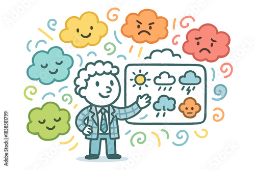 Whimsical Meteorologist Forecast. Whimsical doodle vector of friendly meteorologist character surrounded by shifting rainbow