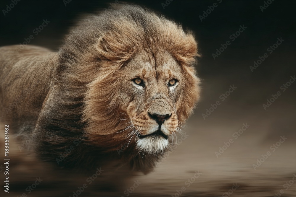 Fototapeta premium A majestic lion with a flowing mane strides forward with intense focus, captured in a dynamic close-up shot.