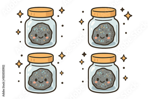 Smiling Meteorite Jars. Adorable doodle vector of meteorite sample jars with smiling faces and shimmering mineral details floating