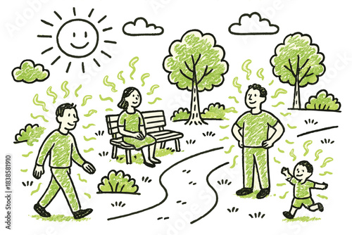 Photosynthesis Park Scene. Doodle-style vector illustration of sunny park scene where people in photosynthetic outfits radiate