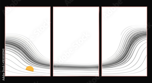 Abstract triptych artwork featuring flowing grey lines and a subtle orange semicircle suggesting a sunrise or sunset.