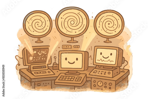 Charming Doodle Control Room. Charming doodle control room filled with spinning neutrino charts, happy computers translating