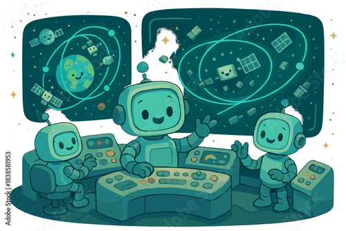 Robots in Space Control. Cute space control room with friendly robots tracking space debris on holographic screens, glowing orbit